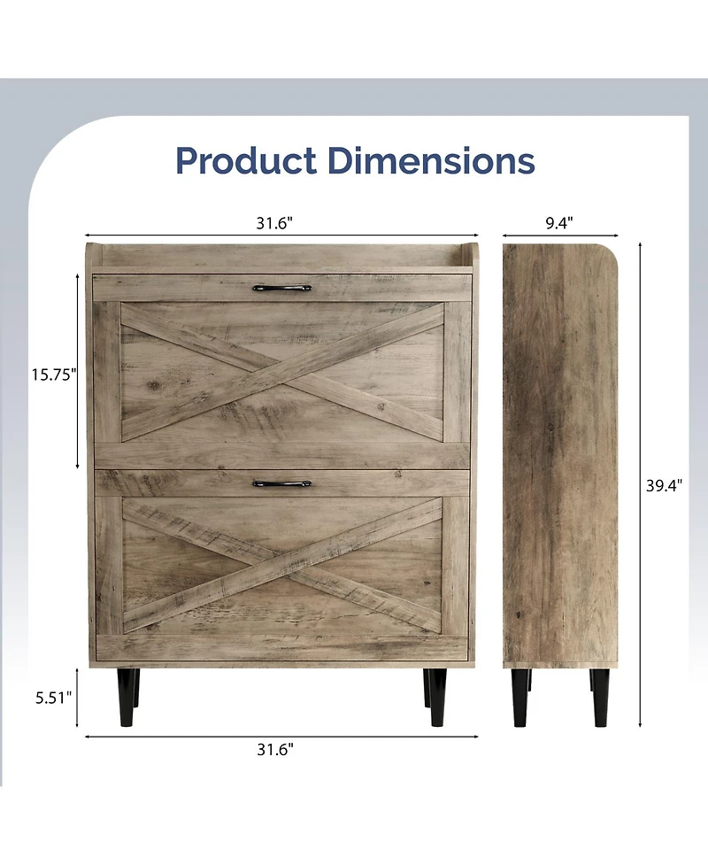 Slickblue 2-Drawer Mdf Shoe Cabinet with Top-Mounted Barn Doors for Entryway
