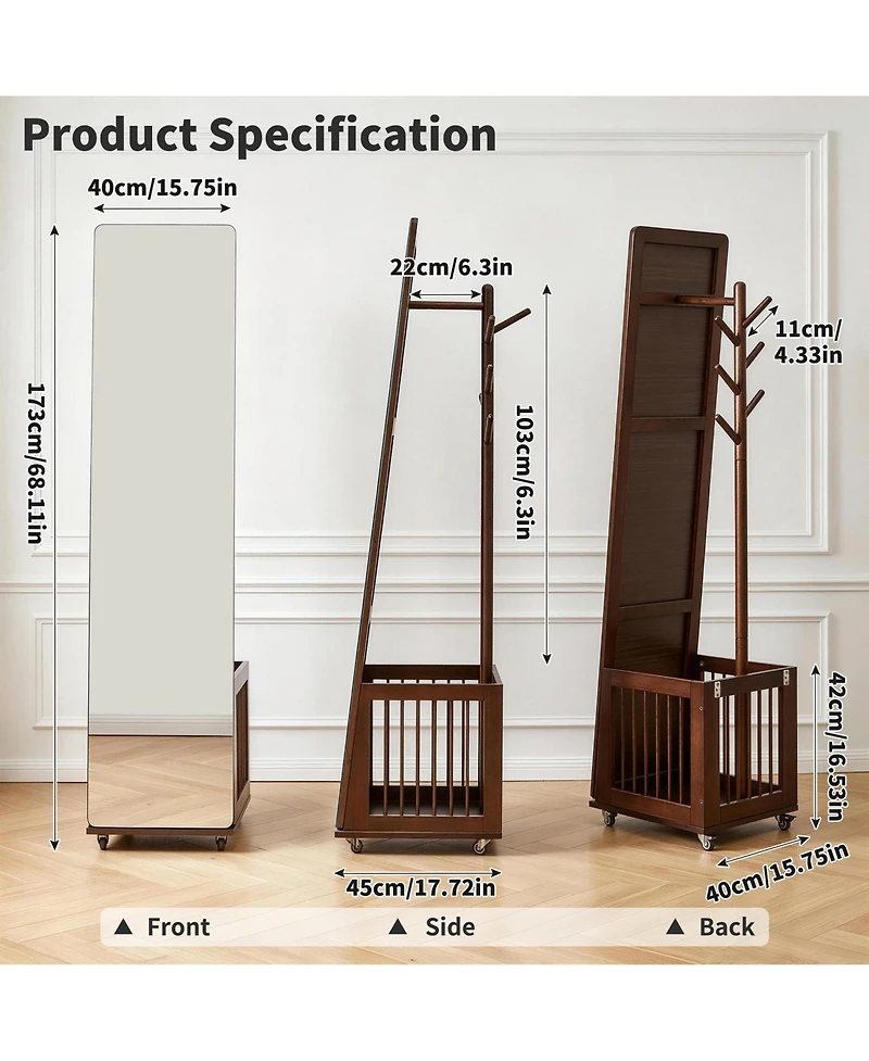 Busdays Solid Wood Rolling Coat Rack with Storage Basket Freestanding Multi Hook Garment Stand with Wheels Mobile Organizer for Entryway Bedroom