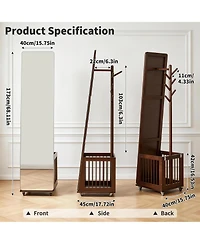 Busdays Solid Wood Rolling Coat Rack with Storage Basket Freestanding Multi Hook Garment Stand with Wheels Mobile Organizer for Entryway Bedroom