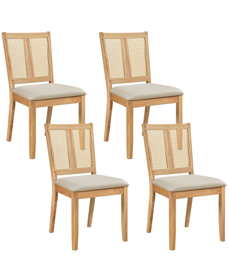 Gymax Rattan Dining Chairs Set of 4 w/Curved Backrest and Padded Seat Rubber Wood Frame