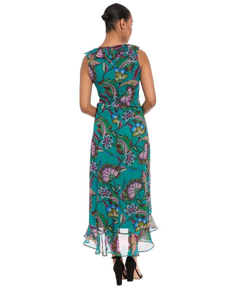 London Times Women's Side Tie Ruffle Wrap High-Low Floral-Print Dress