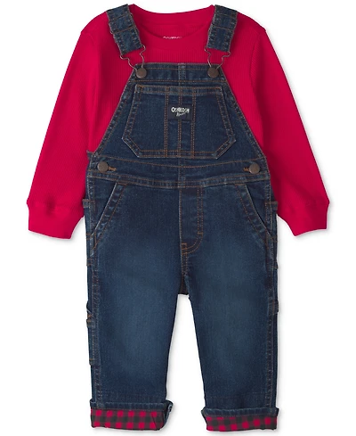 Osh Kosh Baby Boys' Buffalo-Check Long-Sleeve Thermal Top and Denim Overalls Set