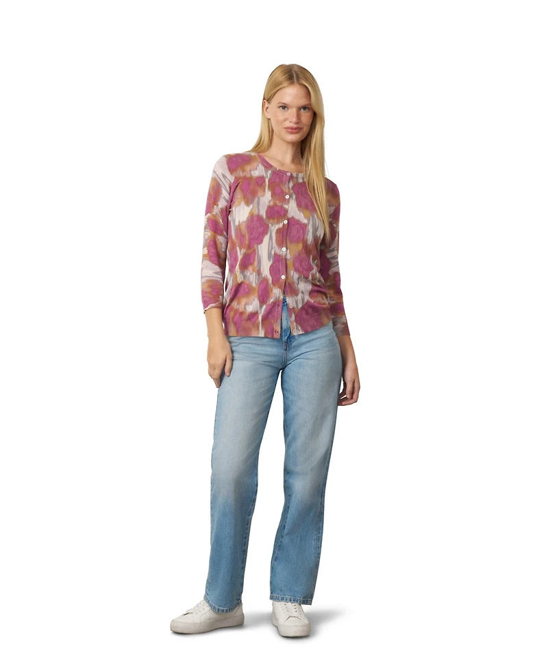 Cable & Gauge Women's Floral Animal Print 3/4-Sleeve Crewneck Cardigan