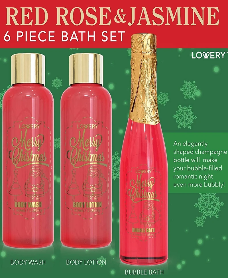 Lovery Christmas Bath and Body Gift Box, Red Rose and Jasmine Home Spa Set, 8pc Body Care Gift Set