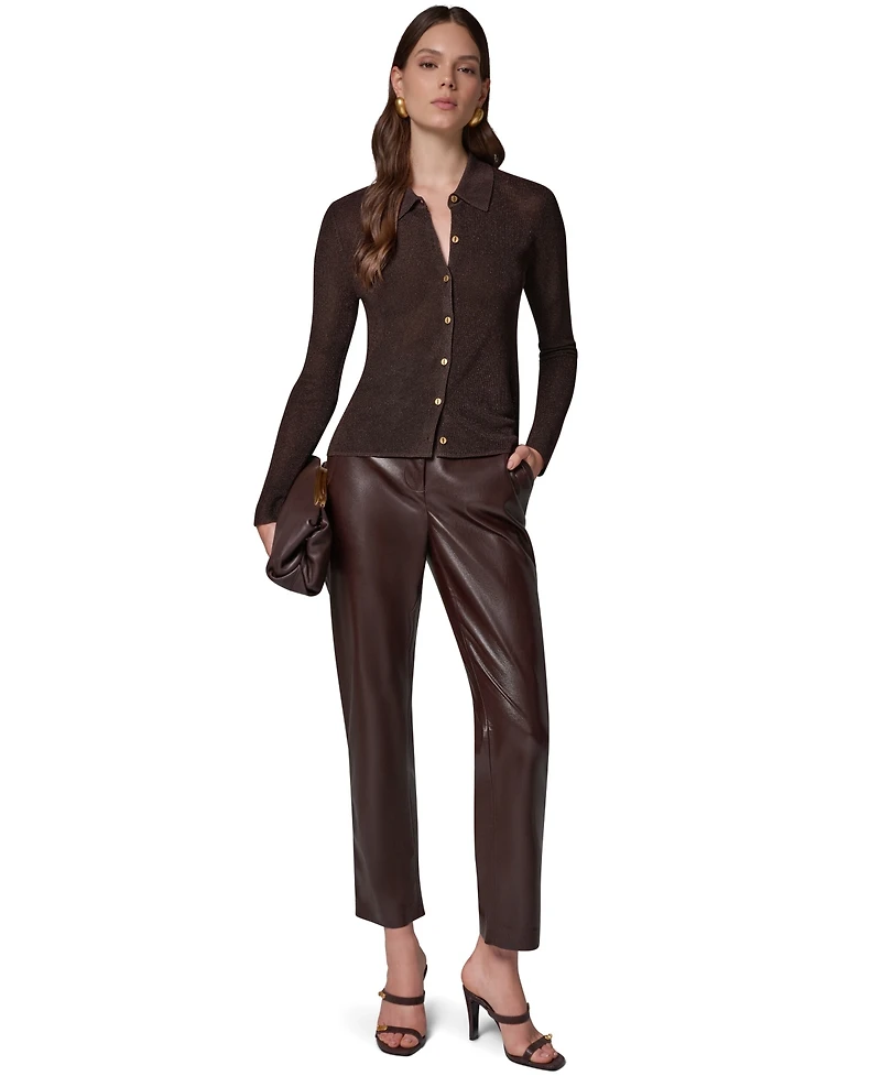 Donna Karan New York Petite Long-Sleeve Metallic-Knit Polo