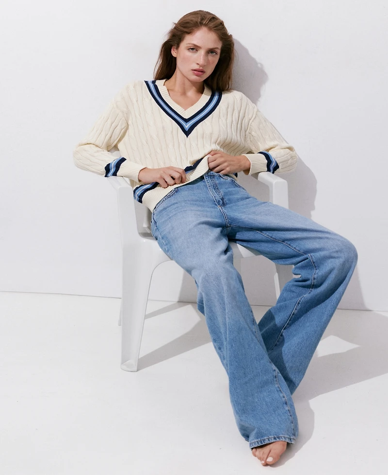 Mango Women's Cable-Knit V-Neck Sweater
