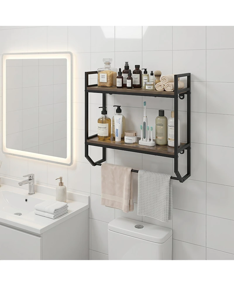 Gymax 2-Tier Floating Shelving Wall-Mounted Shelf with Hanging Rod Expansion Screws