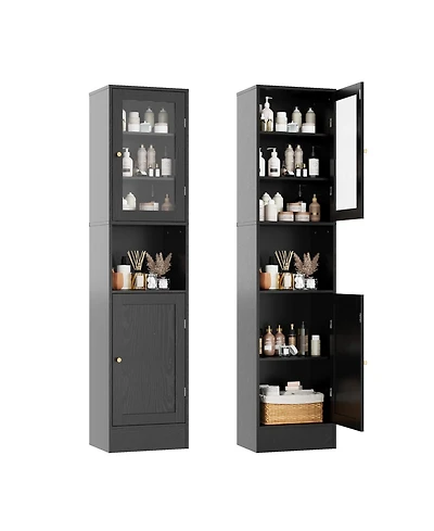 gaomon 67 Tall Bathroom Storage Cabinet, Slim Glass-Door Freestanding Towel Cabinet with Anti-Tip Design