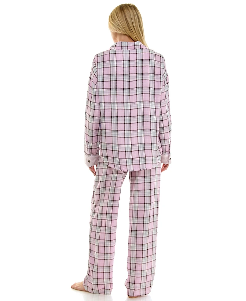Roudelain Women's Flannel Collared Long-Sleeve Shirt and Pant Pajama Set