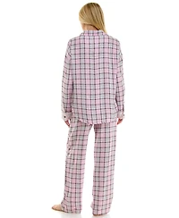 Roudelain Women's Flannel Collared Long-Sleeve Shirt and Pant Pajama Set