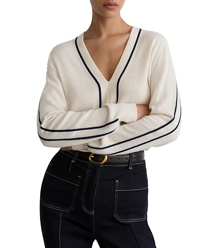 Reiss Women's Mila Wool-Blend V-Neck Stripe-Detail Jumper with Cashmere