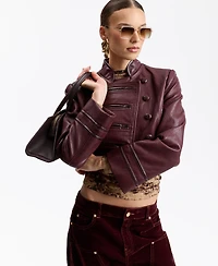 Avec Les Filles Women's Double-Breasted Military-Style Cropped Faux Leather Jacket