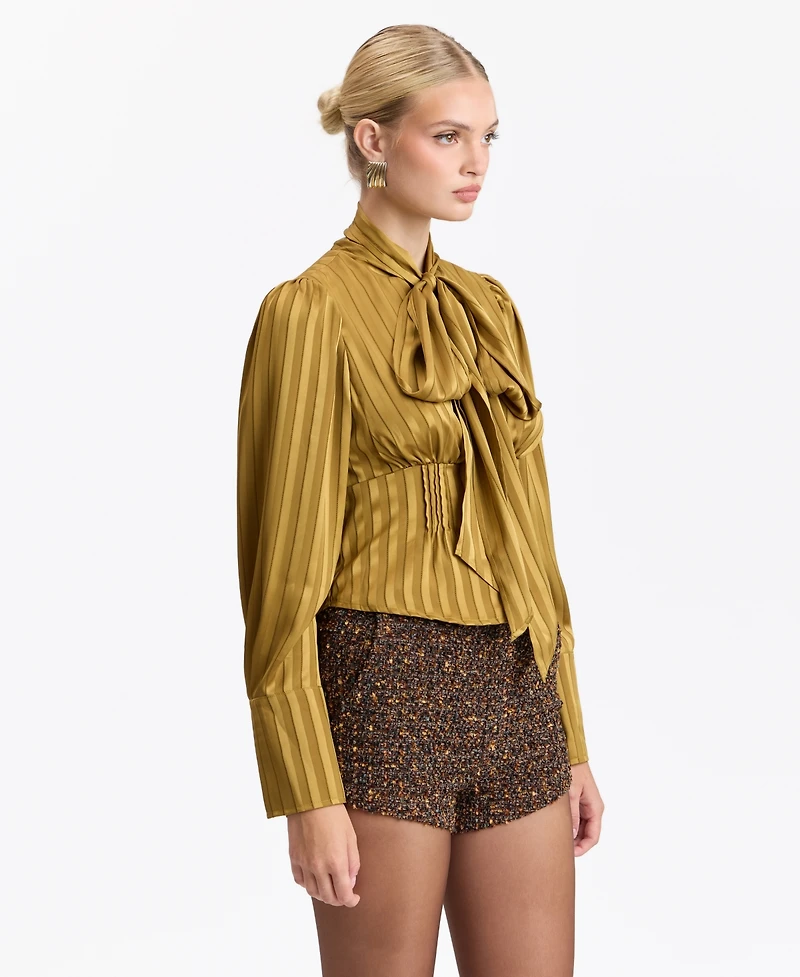 Avec Les Filles Women's Long-Puff Sleeve Scarf-Tie Neck Blouse