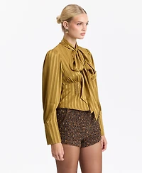Avec Les Filles Women's Long-Puff Sleeve Scarf-Tie Neck Blouse
