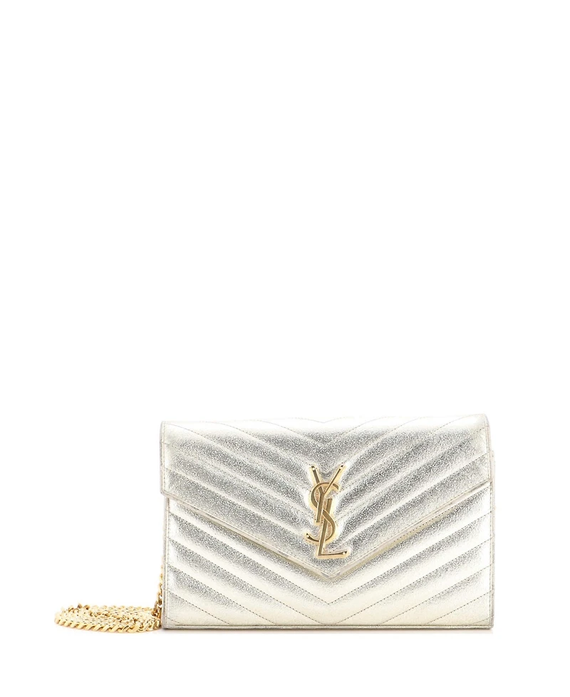 Pre-Owned Saint Laurent Medium Classic Monogram Wallet on Chain Matelasse Chevron Metallic Leather