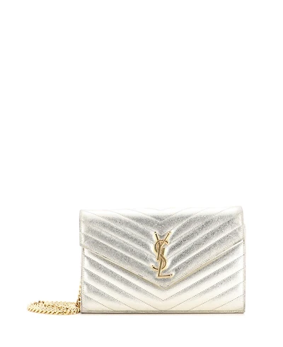 Pre-Owned Saint Laurent Medium Classic Monogram Wallet on Chain Matelasse Chevron Metallic Leather
