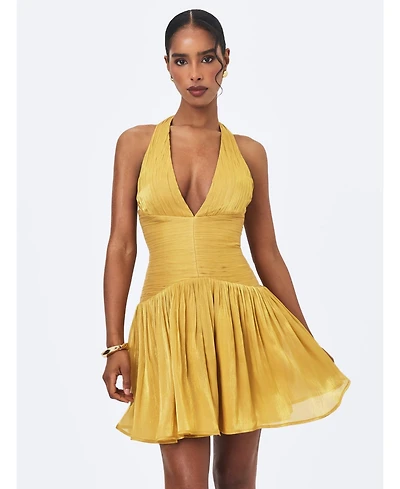 Miss Circle Women's Xavia Gold Crystal Organza Plunging Halter Mini Dress