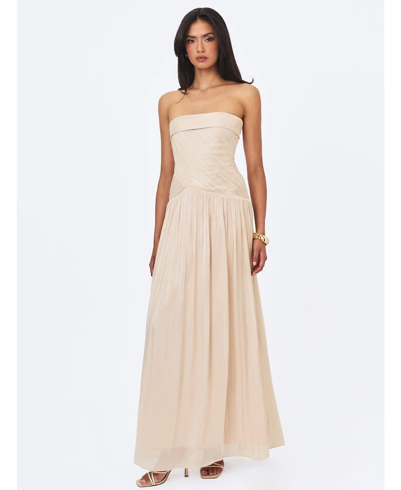 Miss Circle Women's Olivine Light Beige Crystal Organza Strapless Maxi Dress