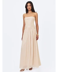 Miss Circle Women's Olivine Light Beige Crystal Organza Strapless Maxi Dress