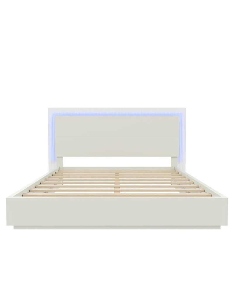 Streamdale Furniture Platform Bed Frame with Headboard and Led Light, Wood Slat Support,Queen