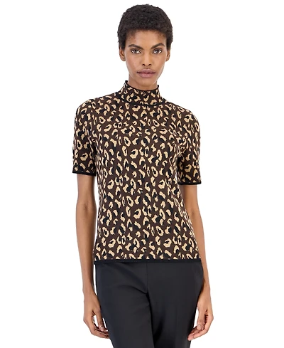 Anne Klein Women's Animal-Print Mock-Neck Short-Sleeve Sweater