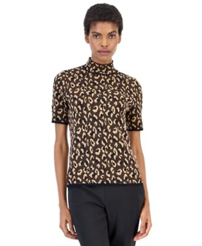 Anne Klein Womens Animal Print Mock Neck Short Sleeve Sweater