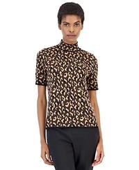 Anne Klein Womens Animal Print Mock Neck Short Sleeve Sweater