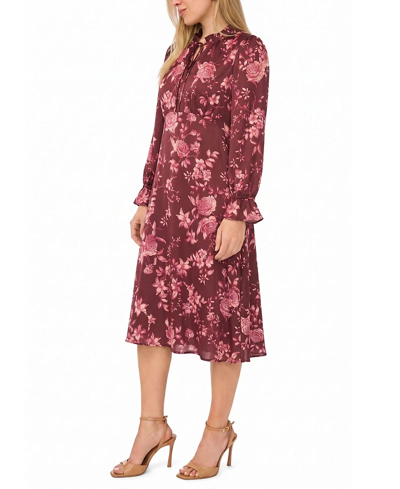 Msk Petite Tie Neck Satin Midi Floral A-Line Dress
