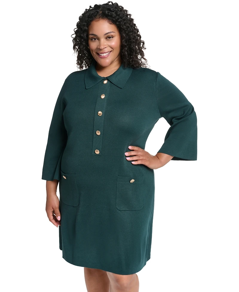 Jessica Howard Plus Knit Button-Front Collared Sweater Dress