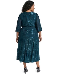 Jessica Howard Plus Smocked Waist 3/4 Sleeve Tiered Midi Dress
