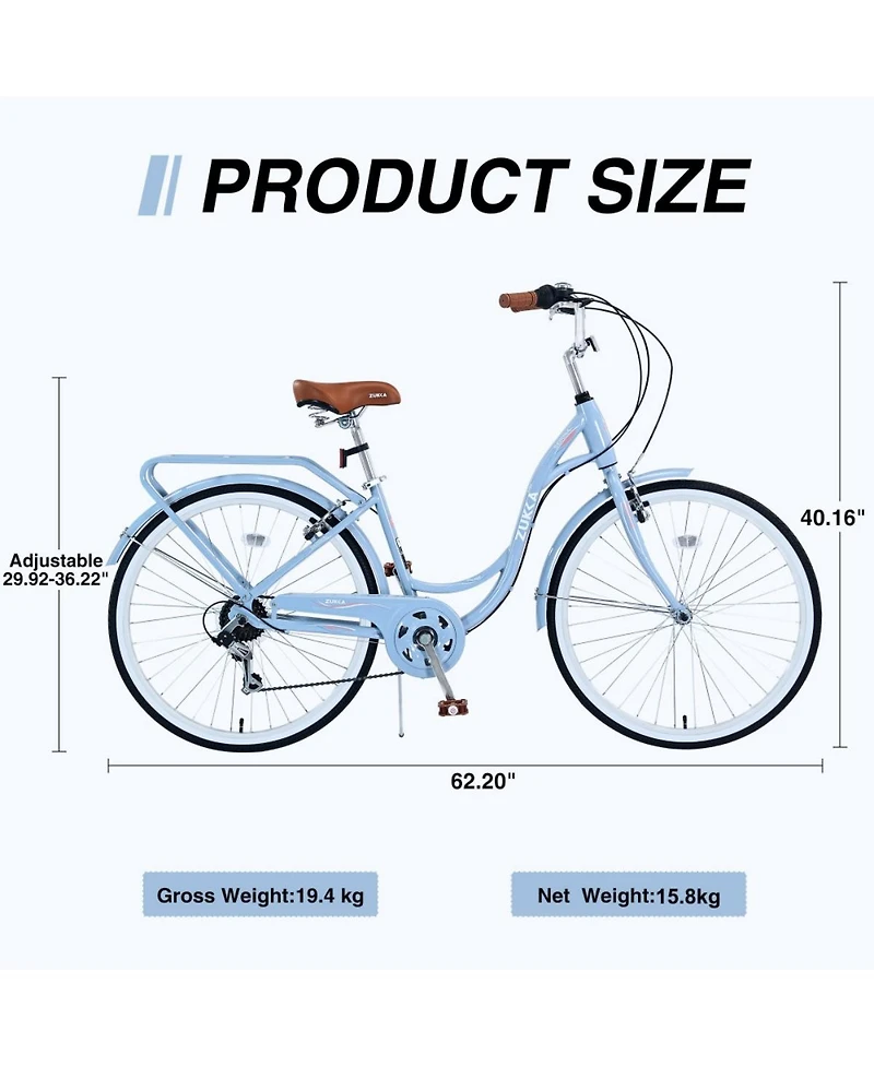 ECHTPeak 24-Inch Beach Cruiser Bike, 7 Speed V - Brake Cruiser Bike, Anti-Skid Tires, with Rear Rack Bell, Steel Frame, for Girls Women Senior