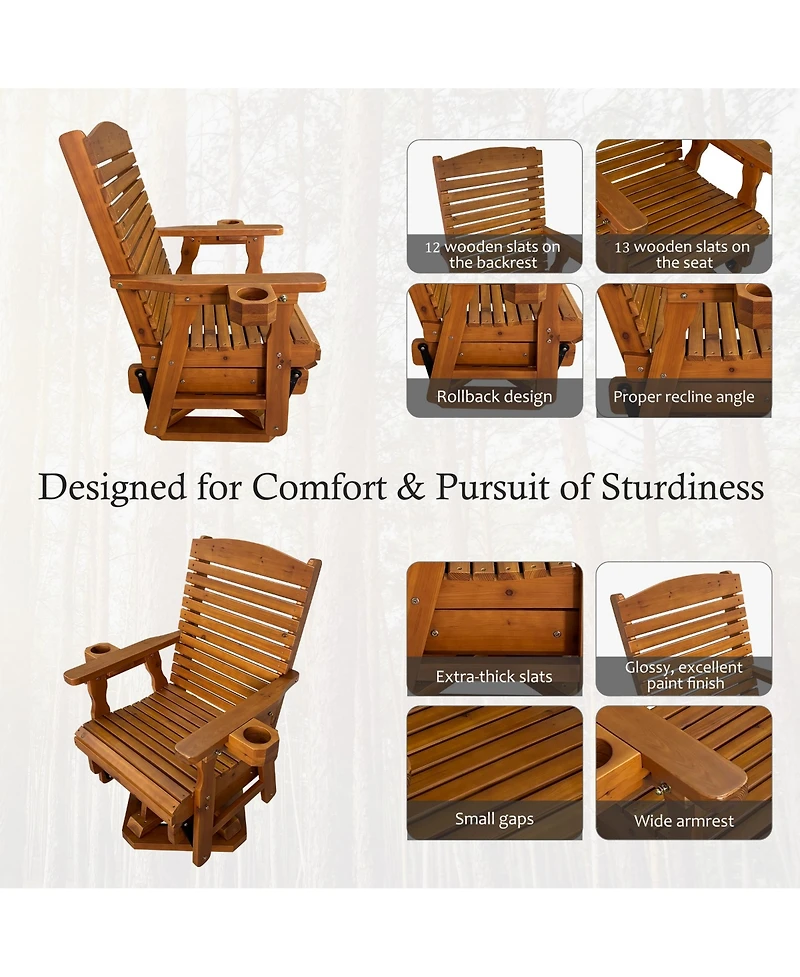 Innovaze Solid Fir Wood Patio Glider Swivel Chair, 360-Degree Rotating Outdoor Rocker with Cup Holders