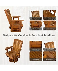 Innovaze Solid Fir Wood Patio Glider Swivel Chair, 360-Degree Rotating Outdoor Rocker with Cup Holders