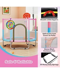 Gymax 60'' Kids Trampoline With Basketball Hoop Dartboard No-gap Design Safe Enclosure Net