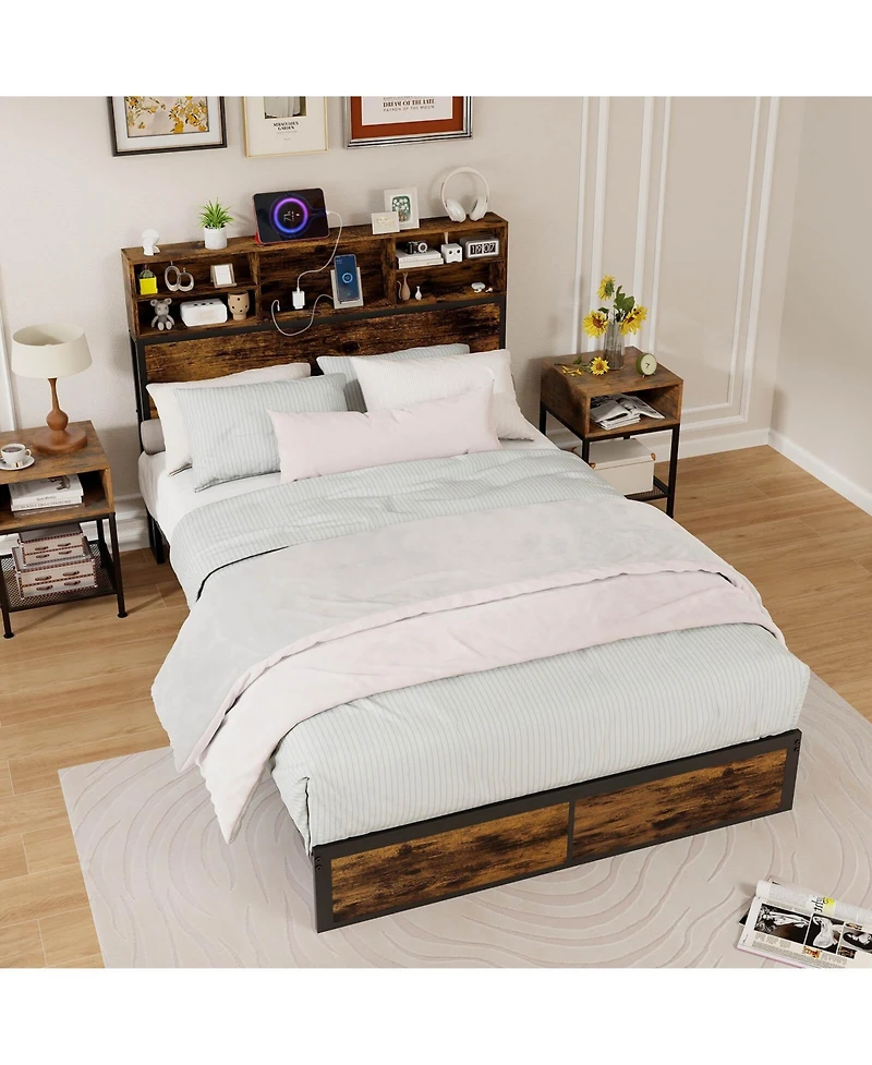 Full Bed Frame with Charging Station Storage Headboard Under-bed Space