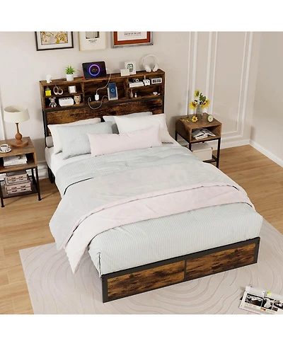 Full Bed Frame with Charging Station Storage Headboard Under-bed Space