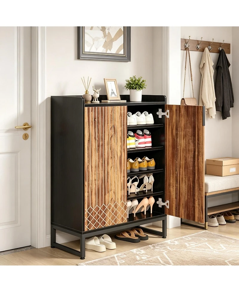 Slickblue Freestanding Shoe Cabinet with 2 Doors and 5 Open Storage Cubbies