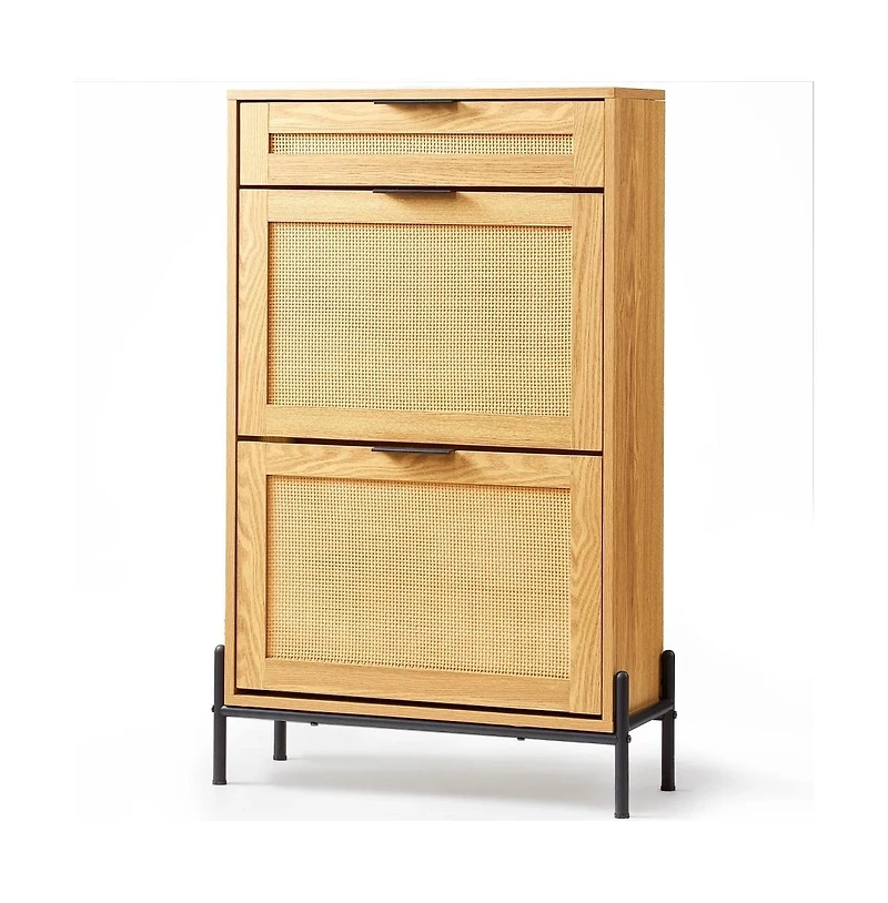 Slickblue Shoe Storage Cabinet with Rattan Finish, Flip-Top Drawer and Metal Legs