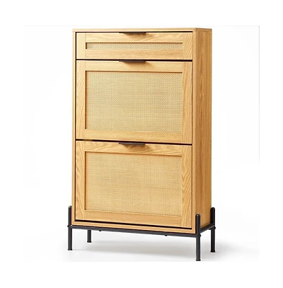 Slickblue Shoe Storage Cabinet with Rattan Finish, Flip-Top Drawer and Metal Legs