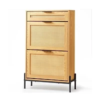 Slickblue Shoe Storage Cabinet with Rattan Finish, Flip-Top Drawer and Metal Legs