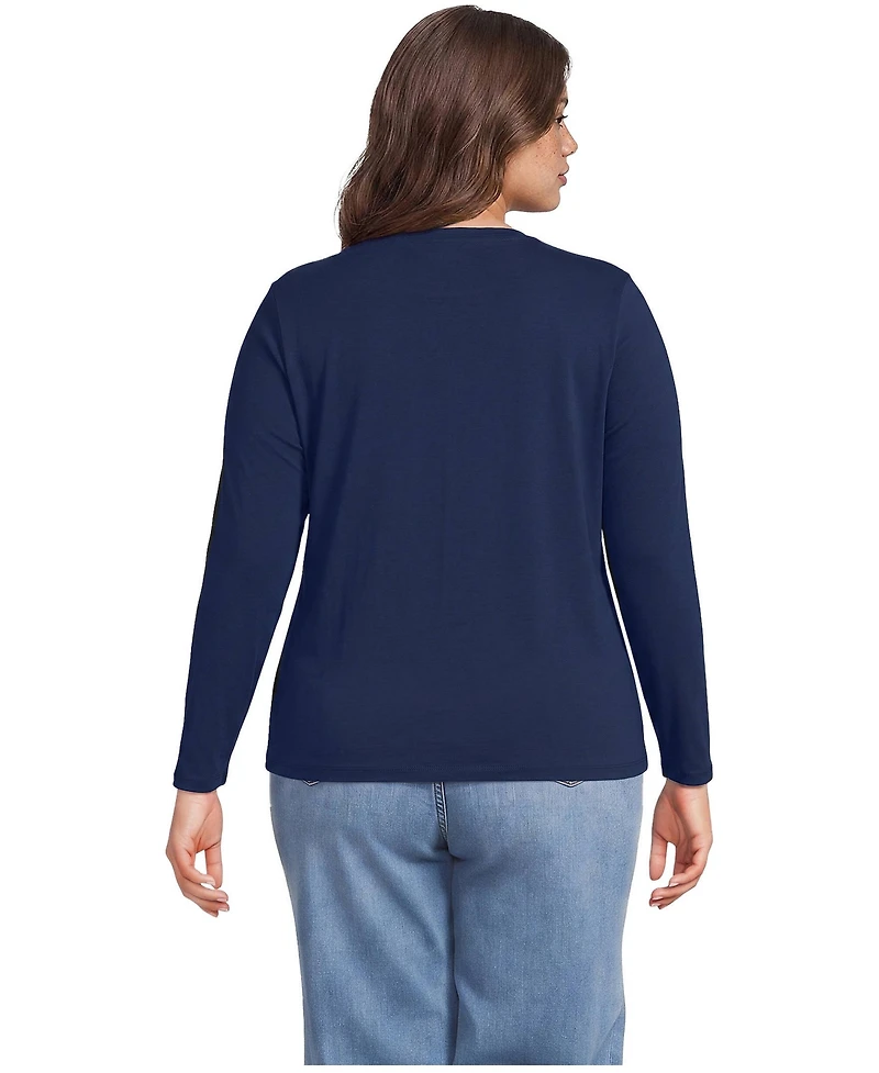 Lands' End Plus Size Supima Cotton Long Sleeve Embroidered Crew Neck T-Shirt