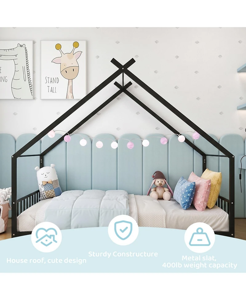 Slickblue Twin Metal House Bed Frame for Kids with Side Rails and Platform Design