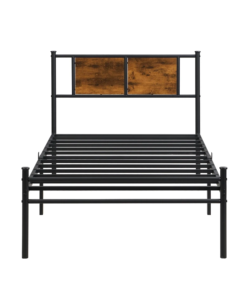 Slickblue Metal Platform Bed Frame with Wood Panel Headboard and Steel Slats