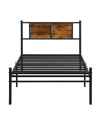 Slickblue Metal Platform Bed Frame with Wood Panel Headboard and Steel Slats