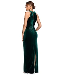 Xscape Petite Cross-Front Halter Ruched Velvet Gown