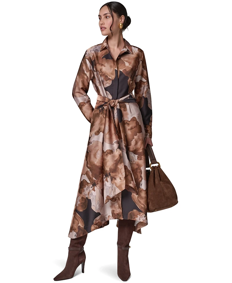 Donna Karan New York Women's Satin Long-Sleeve Midi Shirt Dress