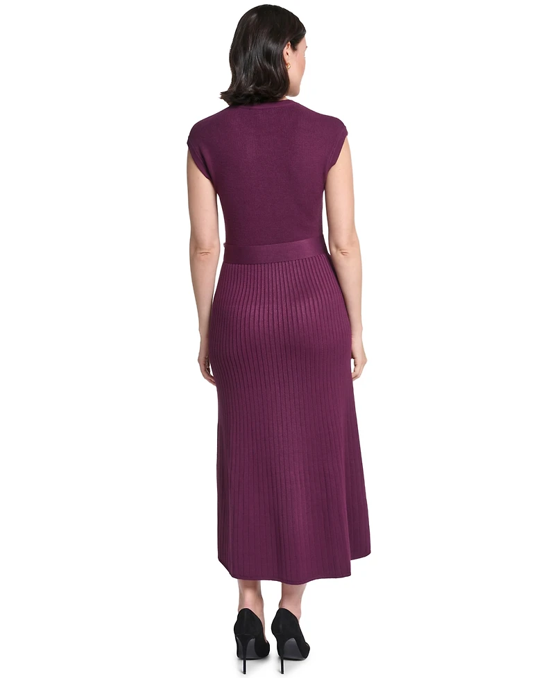 Jessica Howard Petite Cap Sleeve Belted A-Line Midi Sweater Dress