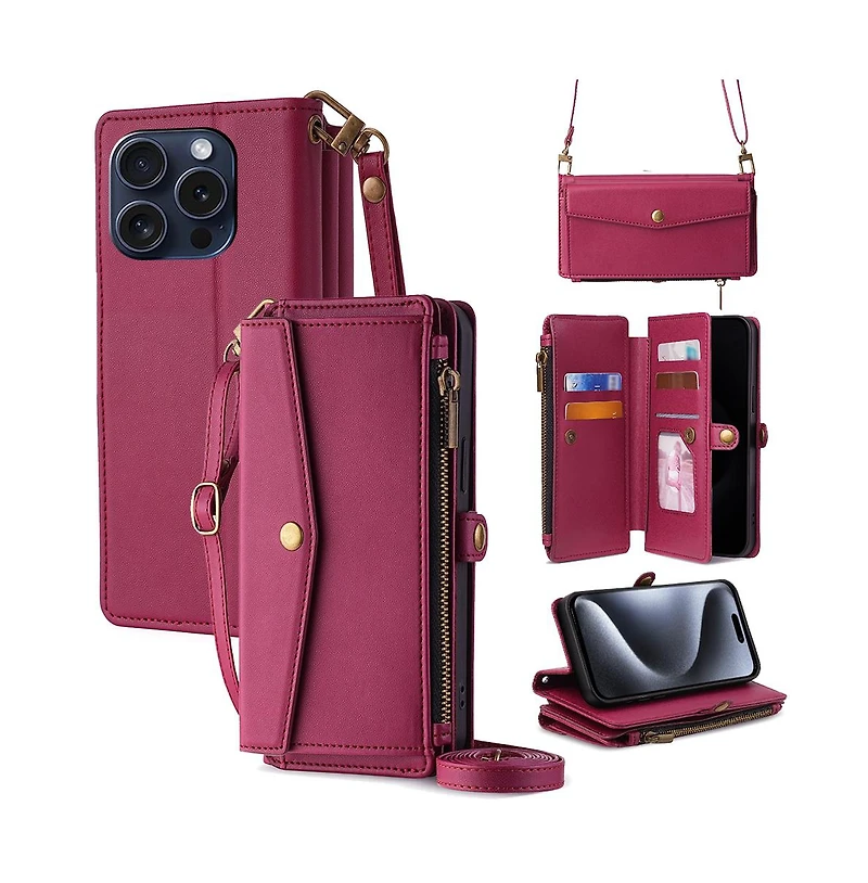 Artudatech 5-in-1 Card Holder Wallet Case with Crossbody Strap for Apple iPhone 12-17
