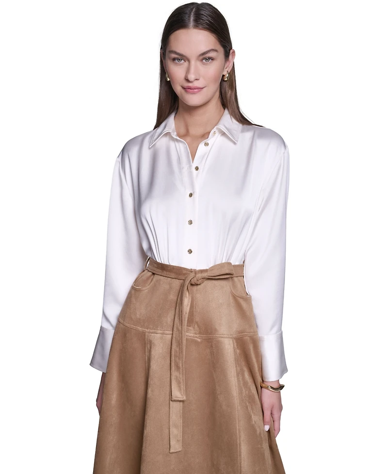 Halston Women's Colorblock A-Line Long-Sleeve Satin & Suede Midi Shirt Dress