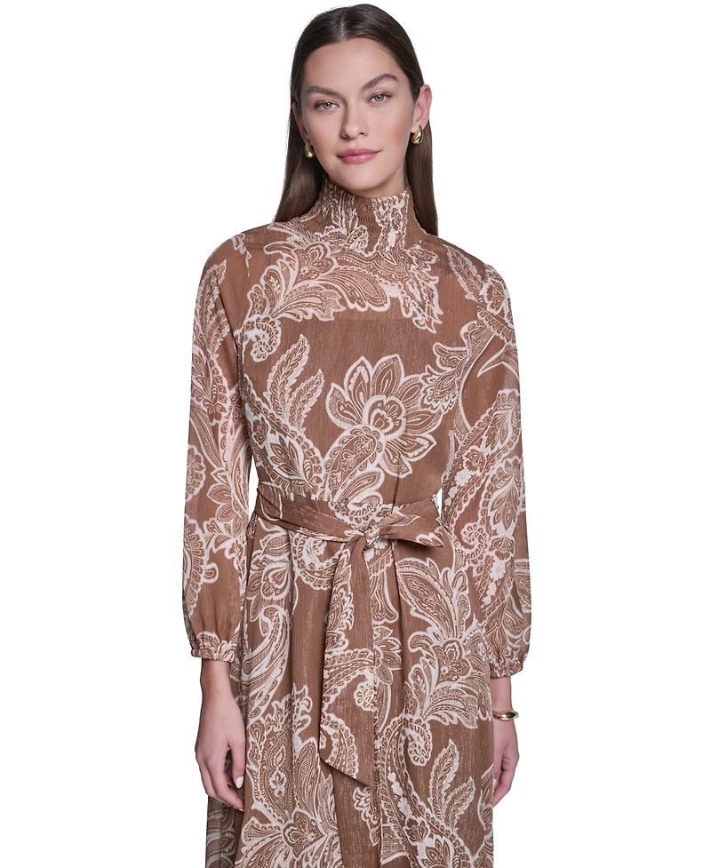 Halston Women's Paisley-Printed Long-Sleeve Chiffon Midi Dress